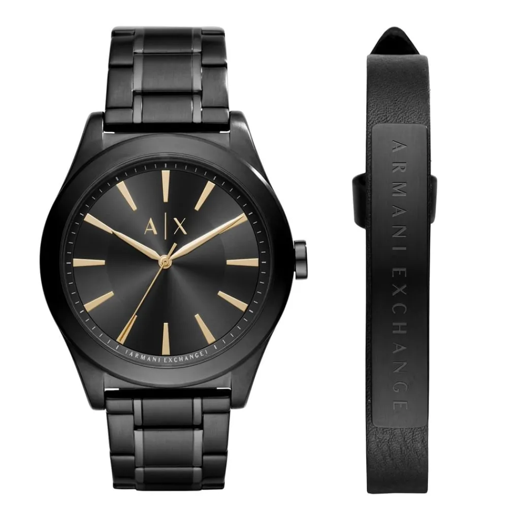 Jewellery-Watches*Armani Exchange Exchange Three Hand Black Stainless Steel Watch And Bracelet Gift Set Ax7102 in Black