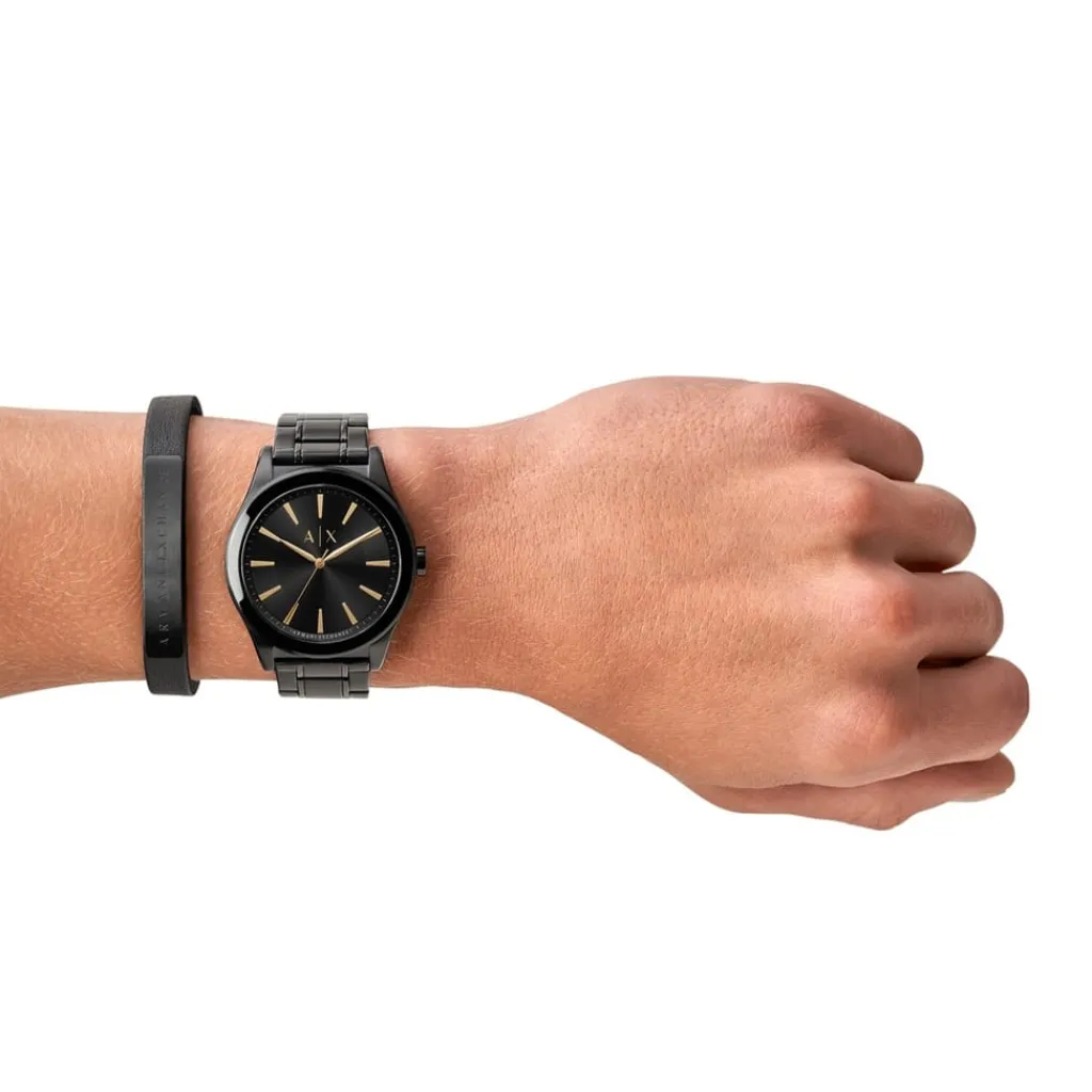 Jewellery-Watches*Armani Exchange Exchange Three Hand Black Stainless Steel Watch And Bracelet Gift Set Ax7102 in Black