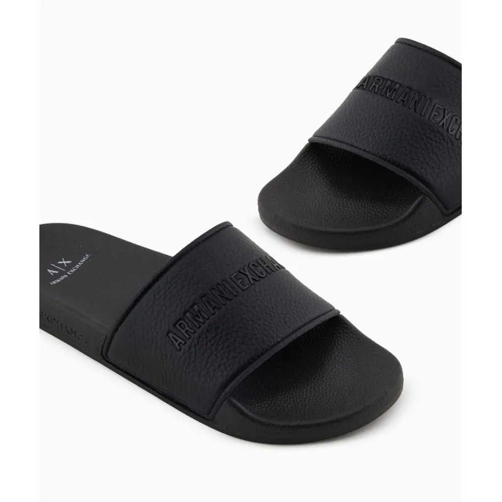 Beach Shoes*Armani Exchange Exchange Textured Open Toe Flat Slides in Black