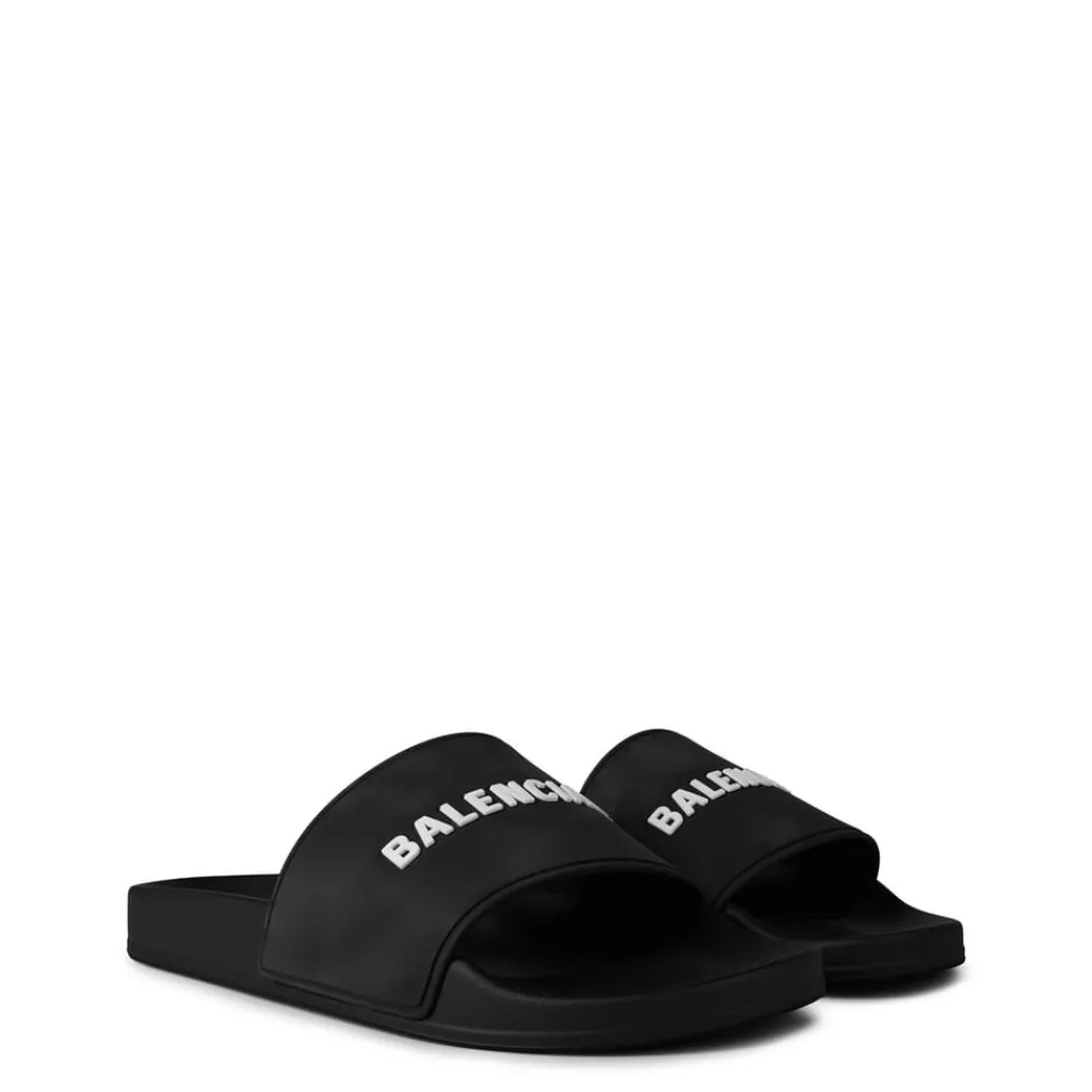 Beach Shoes*Balenciaga Logo Sliders in Black