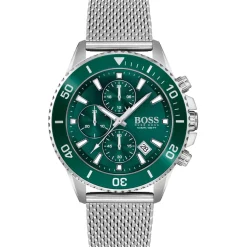 Jewellery-Watches*Boss Admiral Stainless Steel Green Dial Mesh Strap Watch in Silver