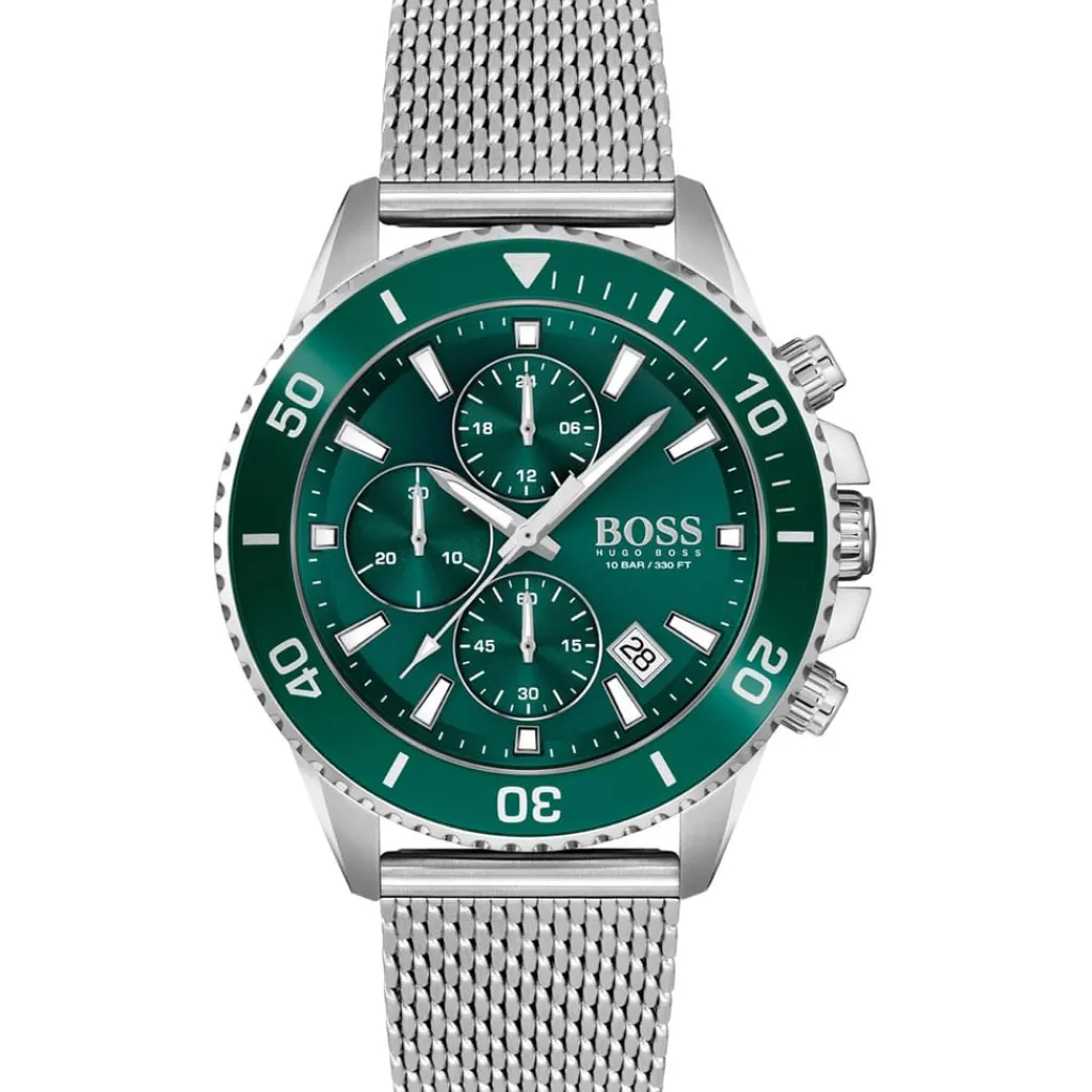 Jewellery-Watches*Boss Admiral Stainless Steel Green Dial Mesh Strap Watch in Silver