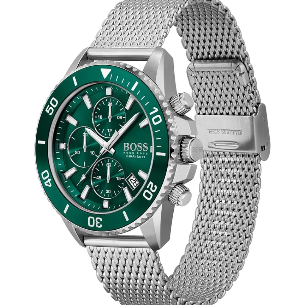 Jewellery-Watches*Boss Admiral Stainless Steel Green Dial Mesh Strap Watch in Silver