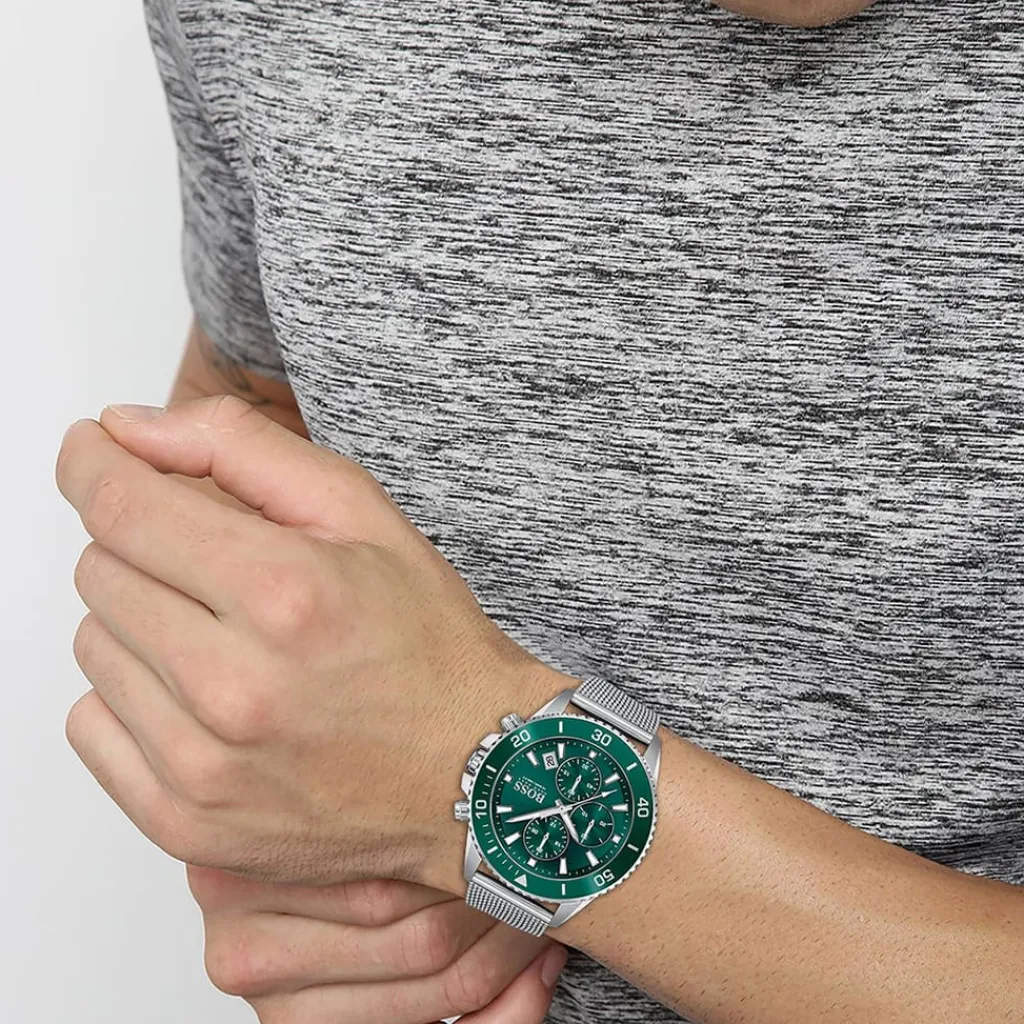 Jewellery-Watches*Boss Admiral Stainless Steel Green Dial Mesh Strap Watch in Silver