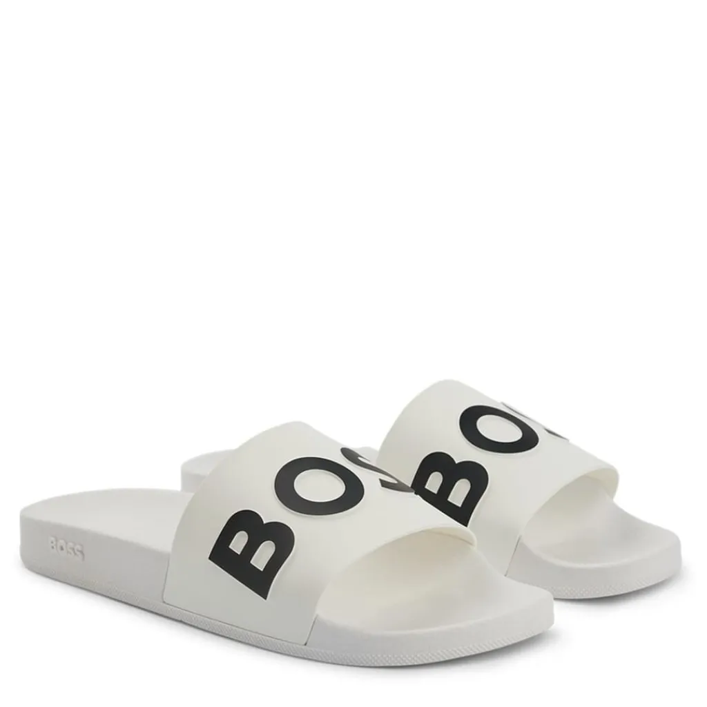 Beach Shoes*Boss Logo Sliders in White