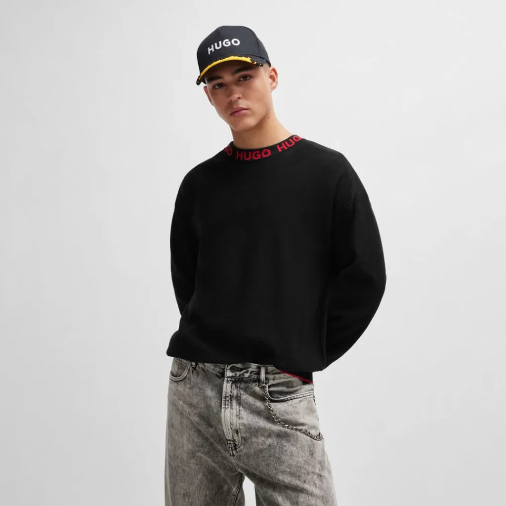 Knitwear*Boss Mens Smarlo Logo Collar Sweater in Black