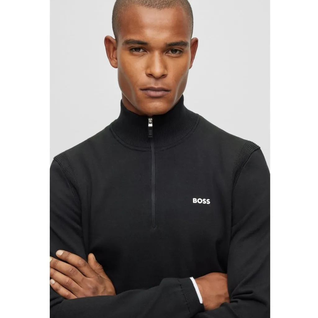 Knitwear*Boss Zip Neck Regular Fit Sweater in Black