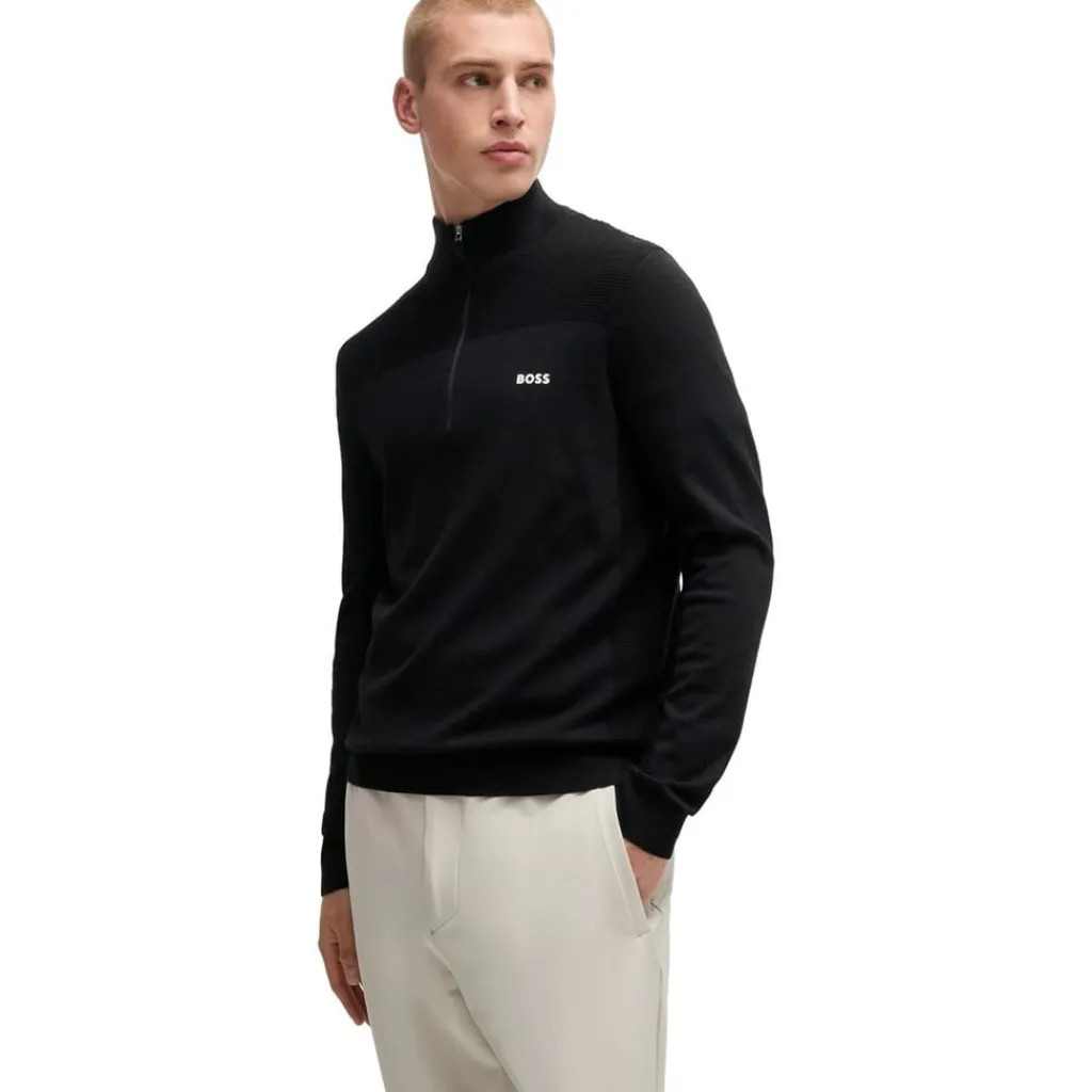Knitwear*Boss Zip Neck Regular Fit Sweater in Black