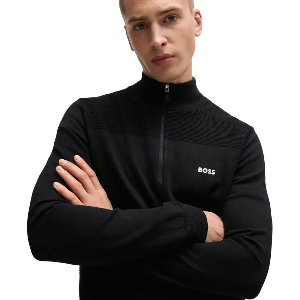 Knitwear*Boss Zip Neck Regular Fit Sweater in Black