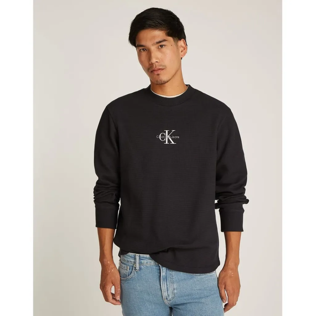 Knitwear*Calvin Klein Jeans Waffle Long Sleeve Crew Neck T-Shirt in Black