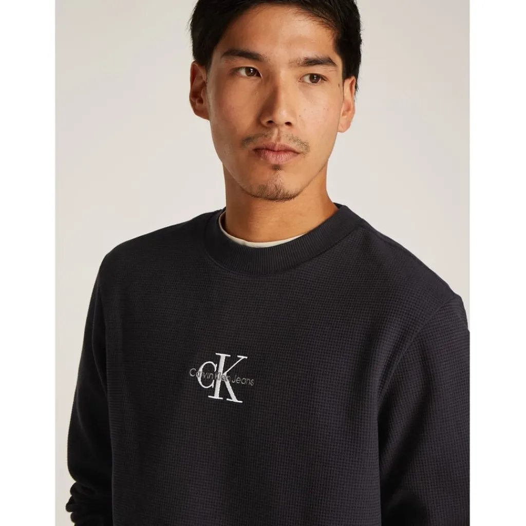Knitwear*Calvin Klein Jeans Waffle Long Sleeve Crew Neck T-Shirt in Black