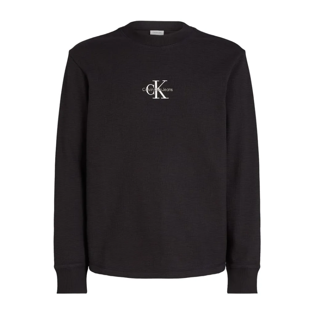 Knitwear*Calvin Klein Jeans Waffle Long Sleeve Crew Neck T-Shirt in Black