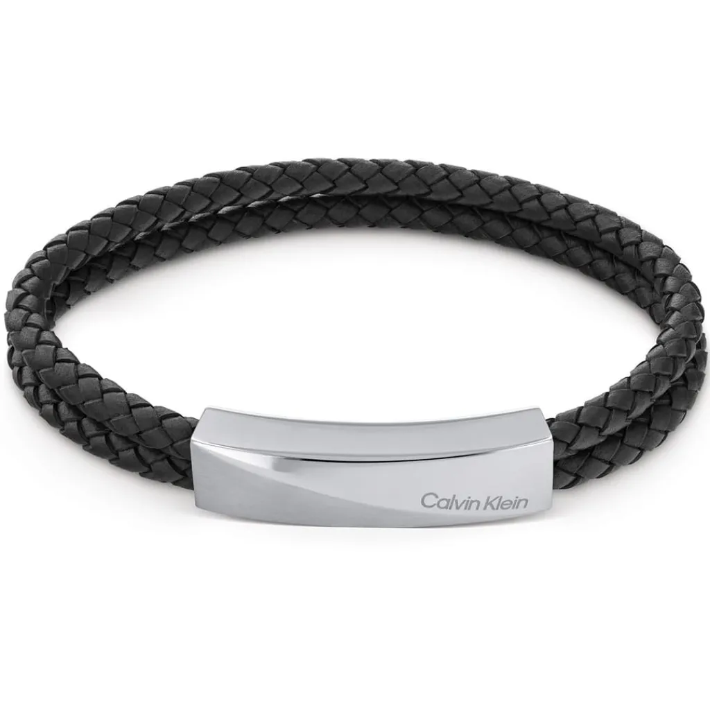 Assorted*Calvin Klein Leather And Stainless Steel Double Strand Bracelet in Black