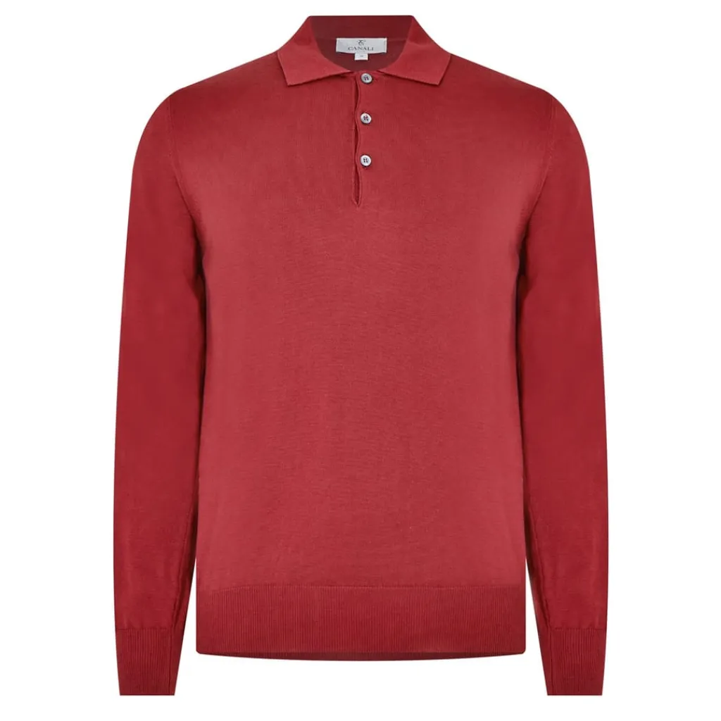 Knitwear*Canali Long Sleeve Knit Polo Shirt in Red