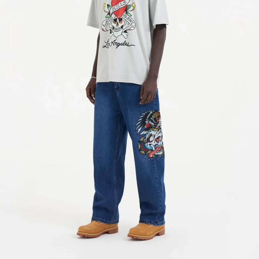 Jeans*Ed Hardy Skull Wide Leg Wide Fit Jeans in Multi
