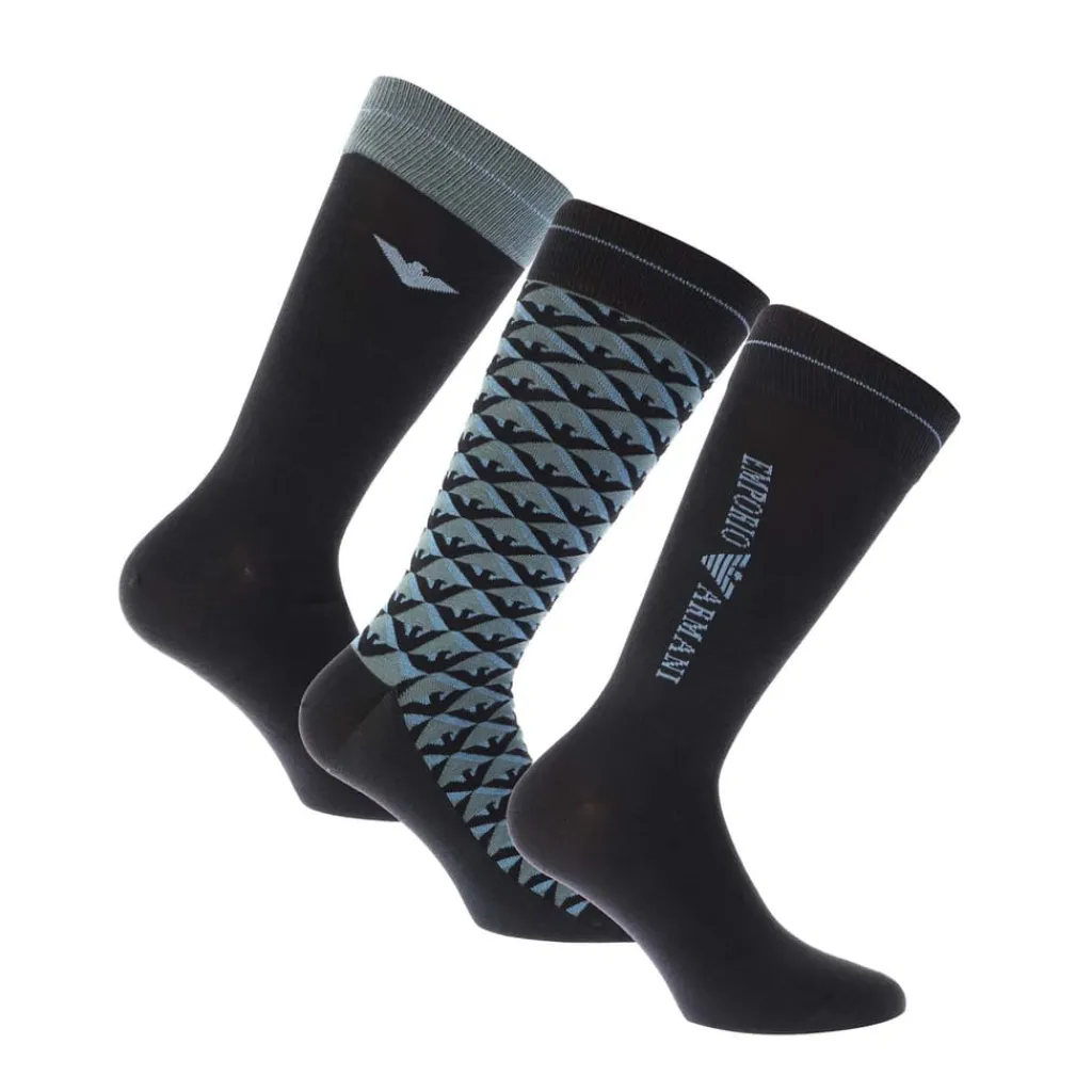 Underwear And Socks*Emporio Armani 3 Pack of Jacquard Logo Socks in Navy