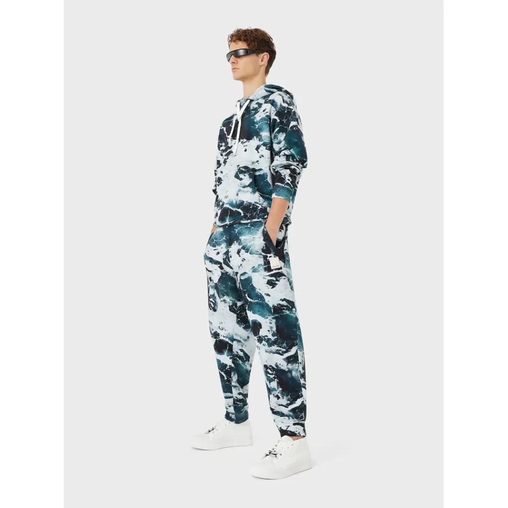 Hoodies*Emporio Armani EA7 Marble Pattern Long Sleeve Hooded Sweatshirt in Blue