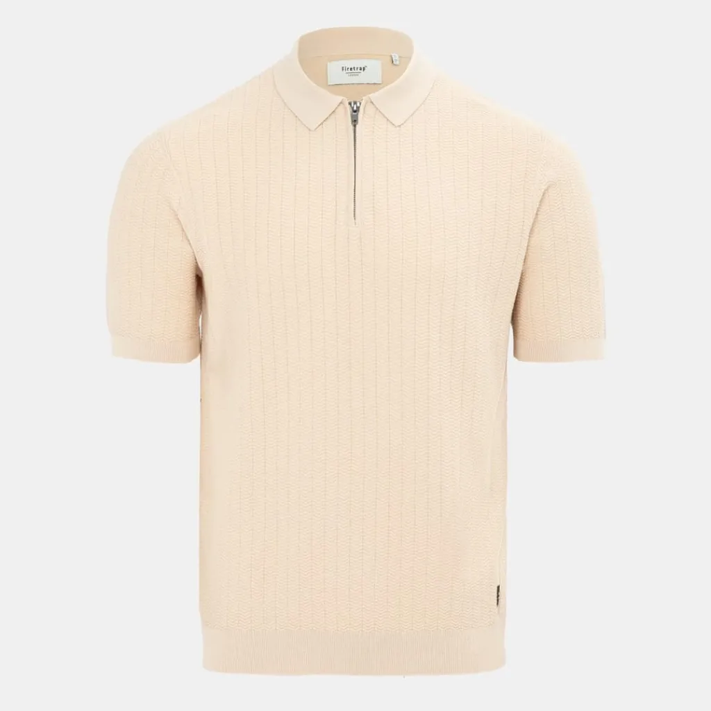 Polo Shirts*Firetrap Quarter Zip Short Sleeve Ribbed Knit Polo in Beige