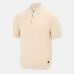 Polo Shirts*Firetrap Quarter Zip Short Sleeve Ribbed Knit Polo in Beige