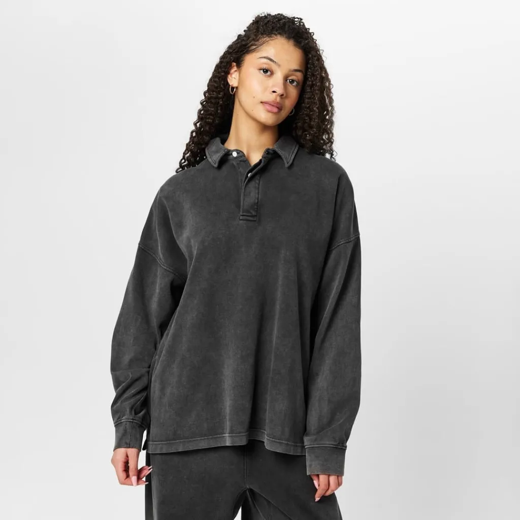 Polo Shirts*Firetrap Washed Rugby Ladies in Black