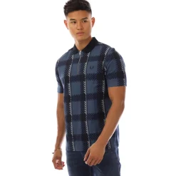 Polo Shirts*Fred Perry Glitch Tartan Zip Neck Polo Shirt in Blue
