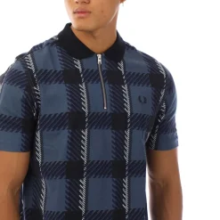 Polo Shirts*Fred Perry Glitch Tartan Zip Neck Polo Shirt in Blue