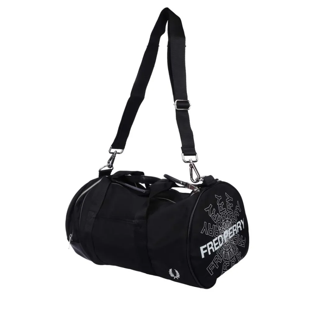 Bags*Fred Perry Graphic Print Barrel Bag in Black