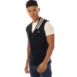 Knitwear*Fred Perry V-Neck Broken Tipped Tank Top in Navy