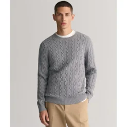 Knitwear*Gant Cable Crew Neck Regular Fit Sweater in Grey
