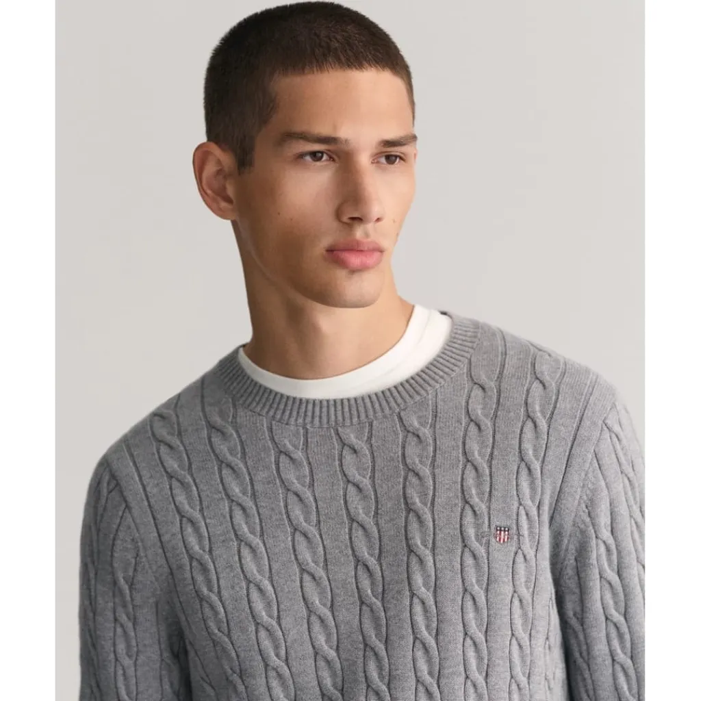 Knitwear*Gant Cable Crew Neck Regular Fit Sweater in Grey