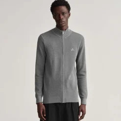 Knitwear*Gant Cotton Piqué Zipped Cardigan in Grey