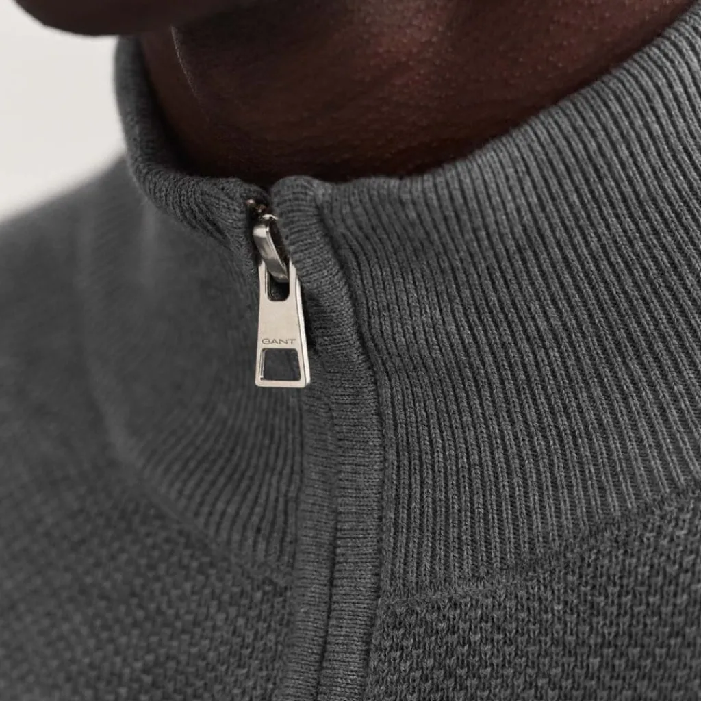 Knitwear*Gant Cotton Piqué Zipped Cardigan in Grey