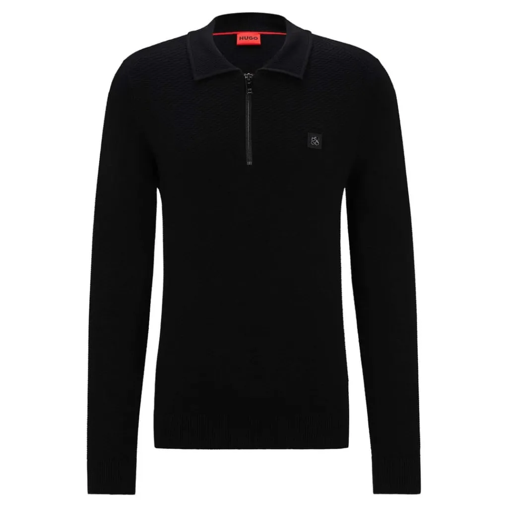 Knitwear|Polo Shirts*Hugo Sastoon Stacked Logo Zip-Neck Knit Polo Shirt in Black