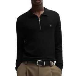 Knitwear|Polo Shirts*Hugo Sastoon Stacked Logo Zip-Neck Knit Polo Shirt in Black