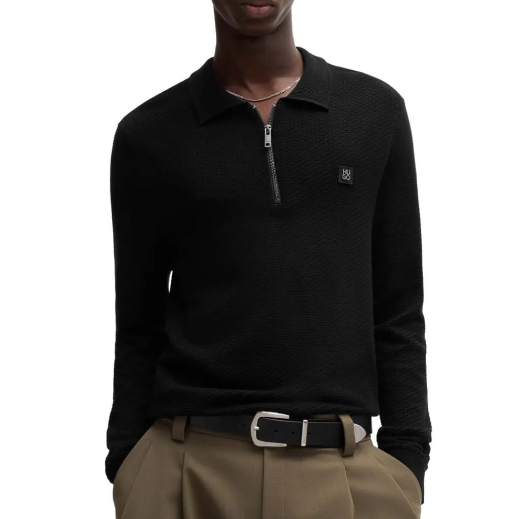 Knitwear|Polo Shirts*Hugo Sastoon Stacked Logo Zip-Neck Knit Polo Shirt in Black