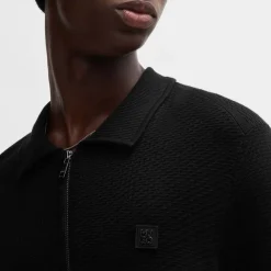 Knitwear|Polo Shirts*Hugo Sastoon Stacked Logo Zip-Neck Knit Polo Shirt in Black