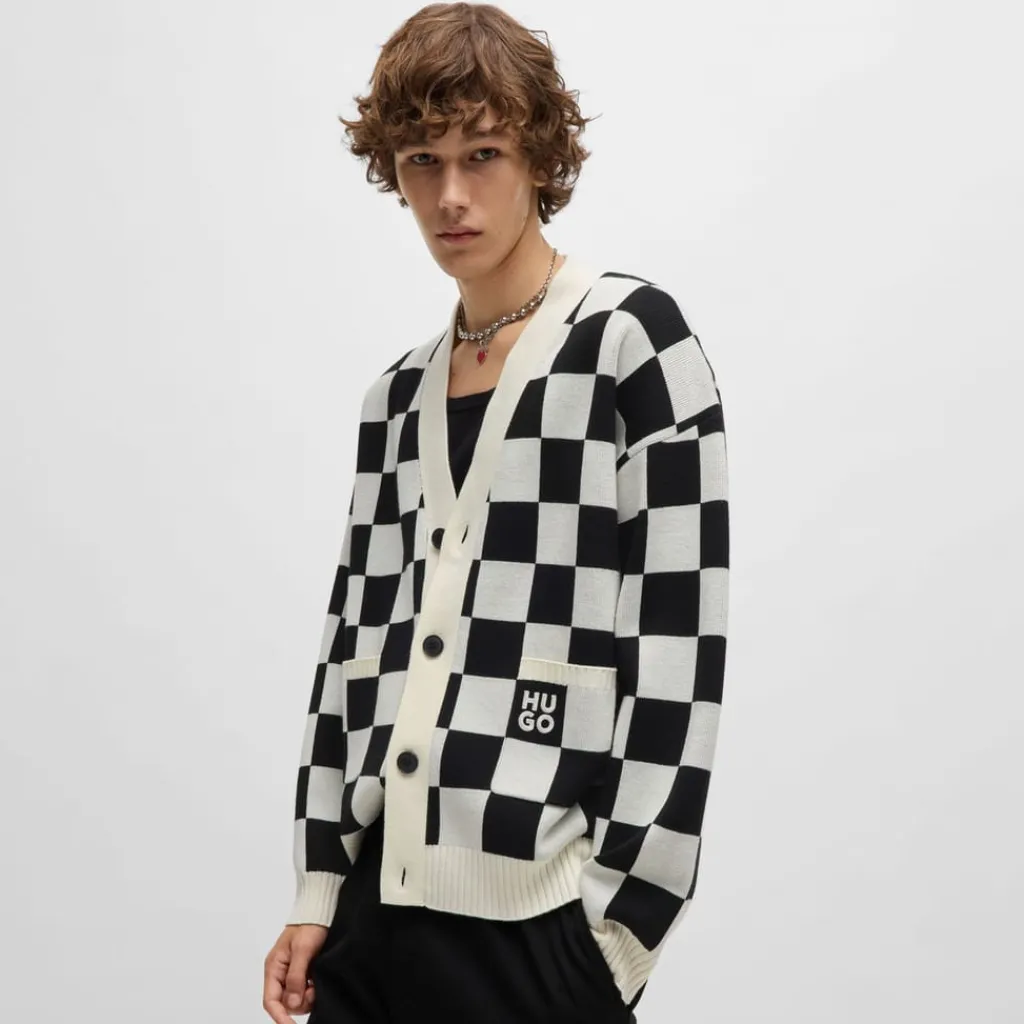 Knitwear*Hugo Skeeches Checked Pattern Cardigan in Natural