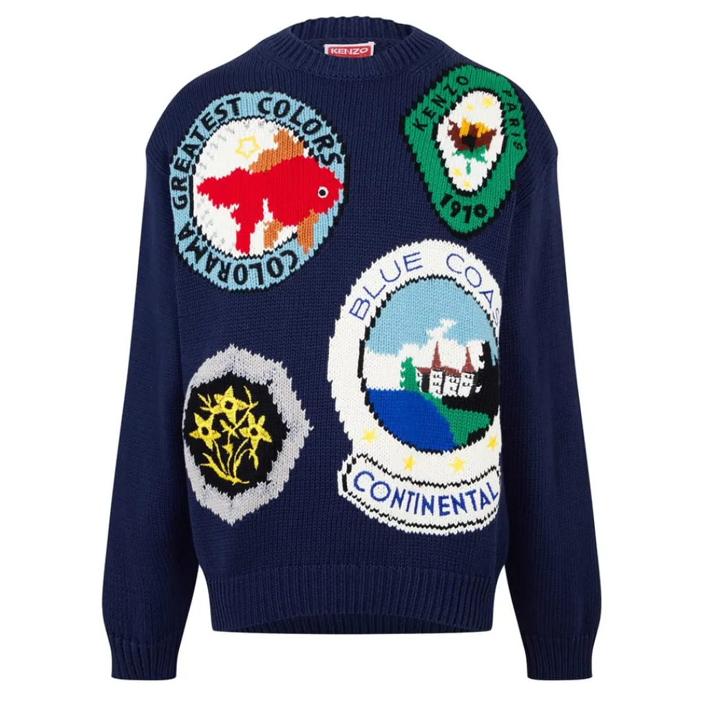 Knitwear*Kenzo Hand Embroidered Sweater in Blue