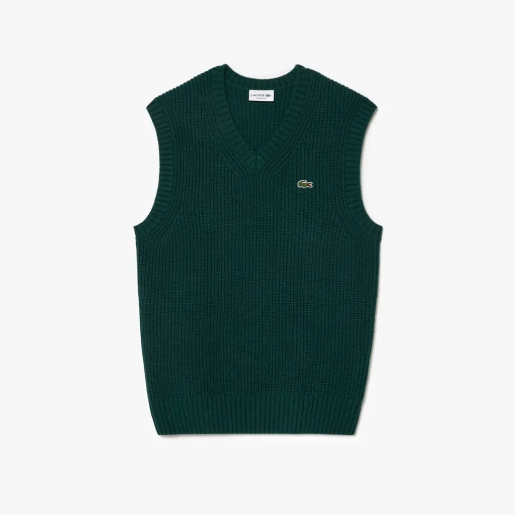 Knitwear*Lacoste Carded Wool V-Neck Sweater Vest in Green