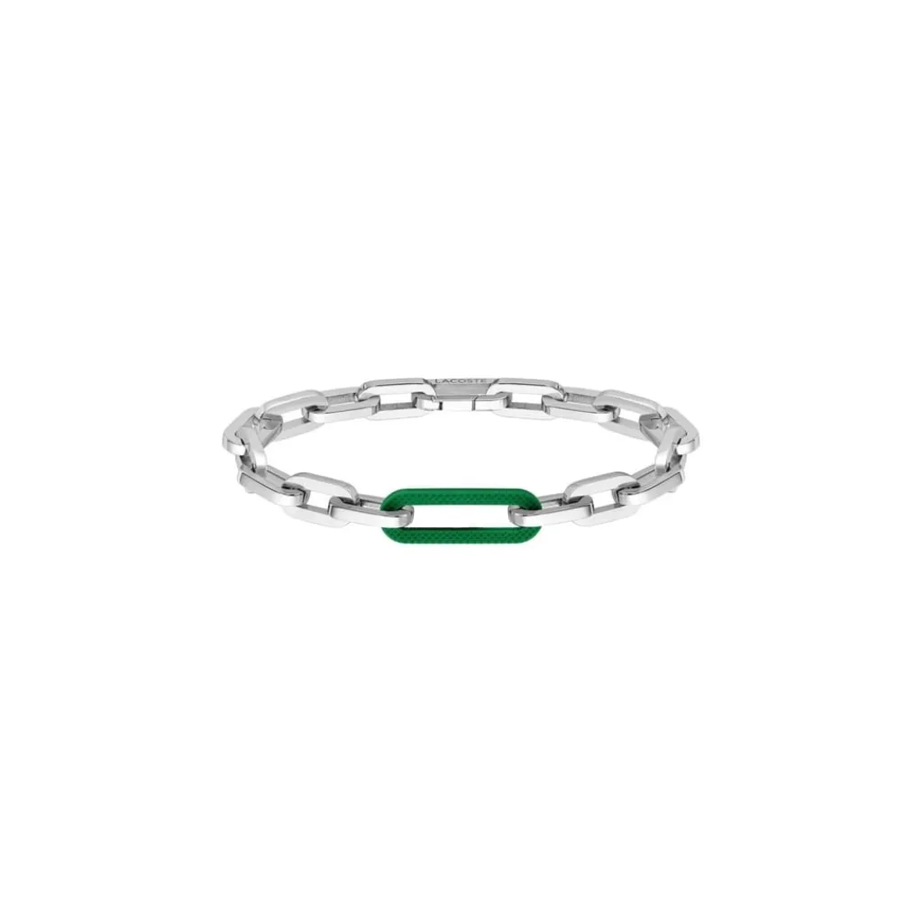 Jewellery-Watches*Lacoste Ensemble Stainless Steel With Green Silicone Link Chain Bracelet in Silver