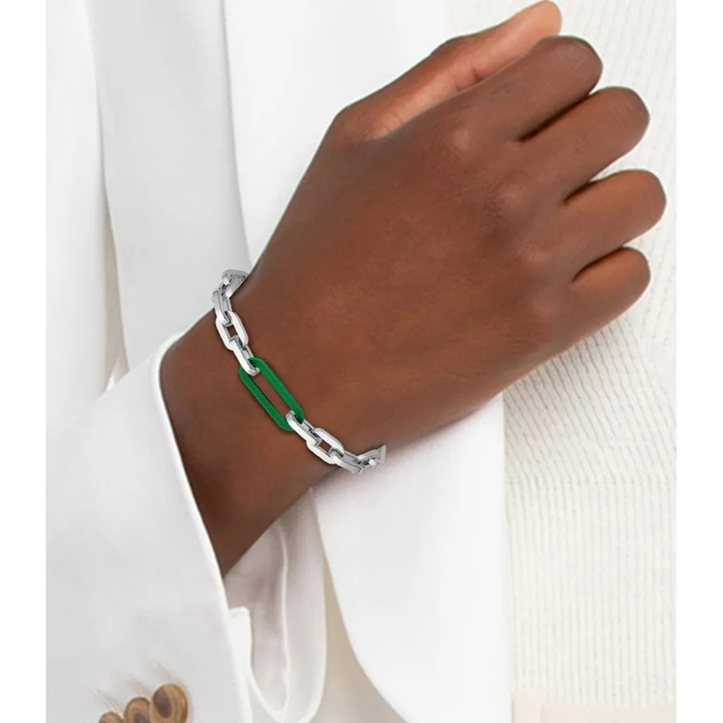 Jewellery-Watches*Lacoste Ensemble Stainless Steel With Green Silicone Link Chain Bracelet in Silver