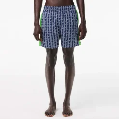 Shorts*Lacoste Mid Length Monogram Print Swim Trunks in Multi colour