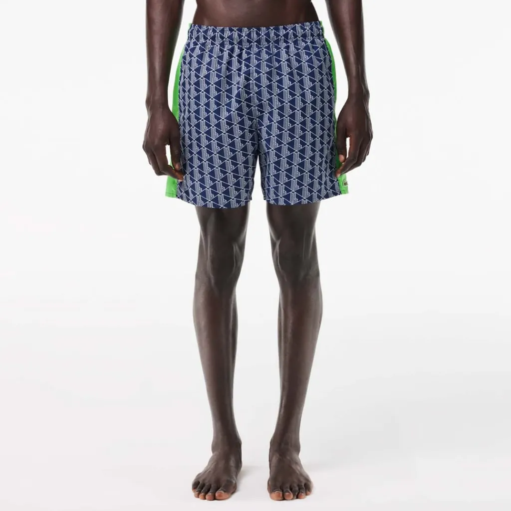 Shorts*Lacoste Mid Length Monogram Print Swim Trunks in Multi colour