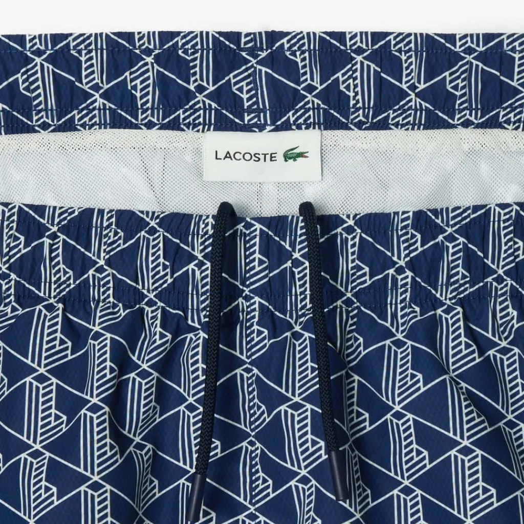 Shorts*Lacoste Mid Length Monogram Print Swim Trunks in Multi colour