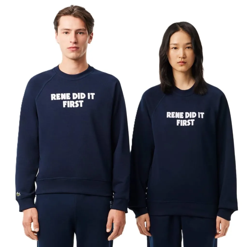 Knitwear*Lacoste Regular Fit Crew Neck Lettering Sweater in Blue