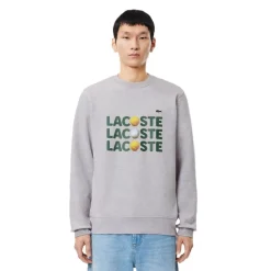 Knitwear*Lacoste Ribbed Cuff Lettering Crew Neck Sweater in Grey