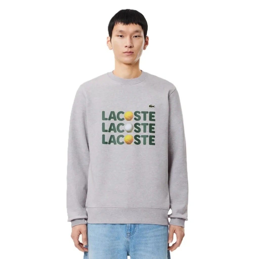 Knitwear*Lacoste Ribbed Cuff Lettering Crew Neck Sweater in Grey