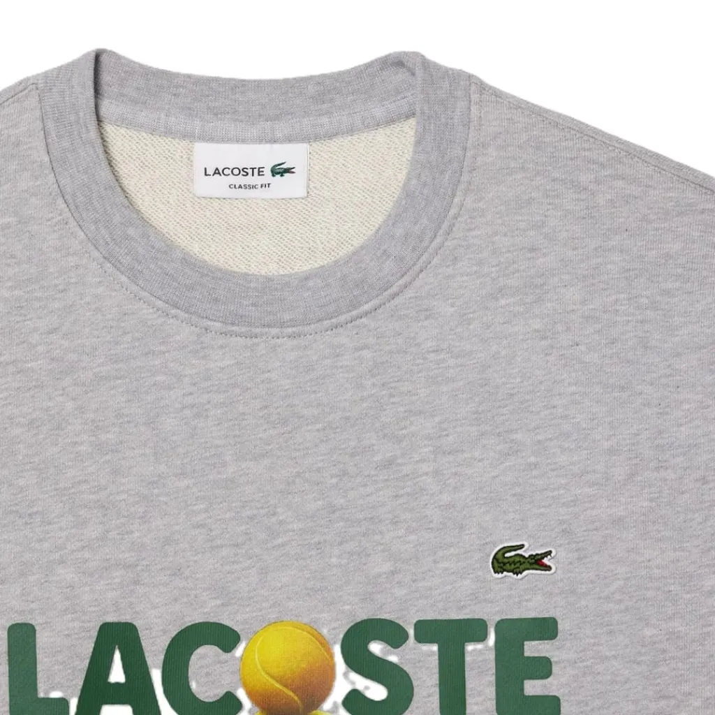 Knitwear*Lacoste Ribbed Cuff Lettering Crew Neck Sweater in Grey