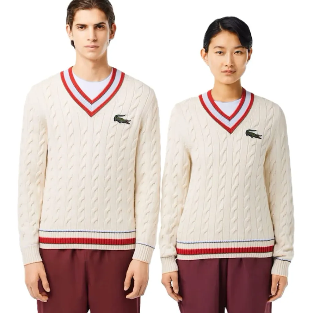 Knitwear*Lacoste V-Neck Cable Knit Regular Fit Sweater in Cream