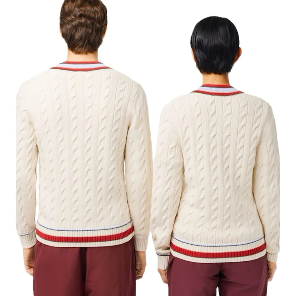 Knitwear*Lacoste V-Neck Cable Knit Regular Fit Sweater in Cream